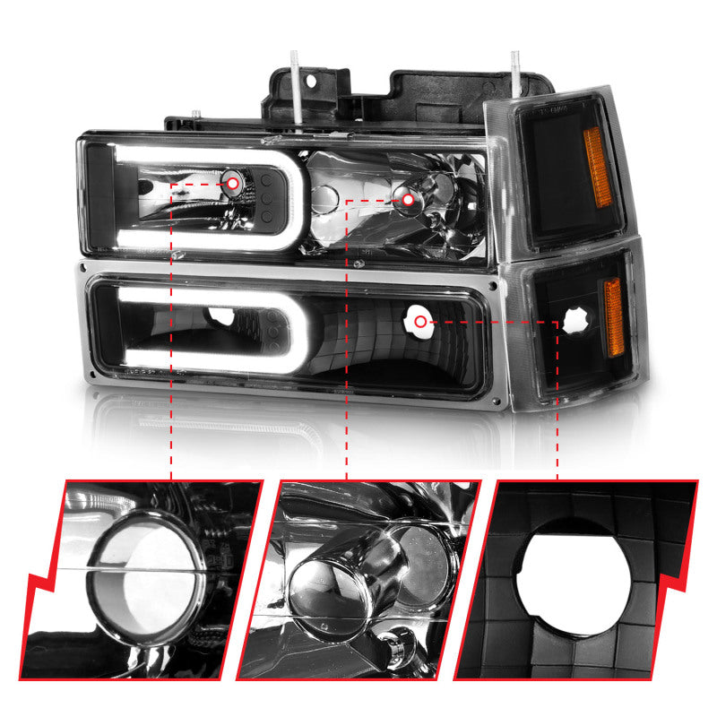 ANZO 88-98 Chevrolet C1500 Crystal Headlights w/ Light Bar Black Housing w/ Signal Side Markers 8Pcs - GTR Auto