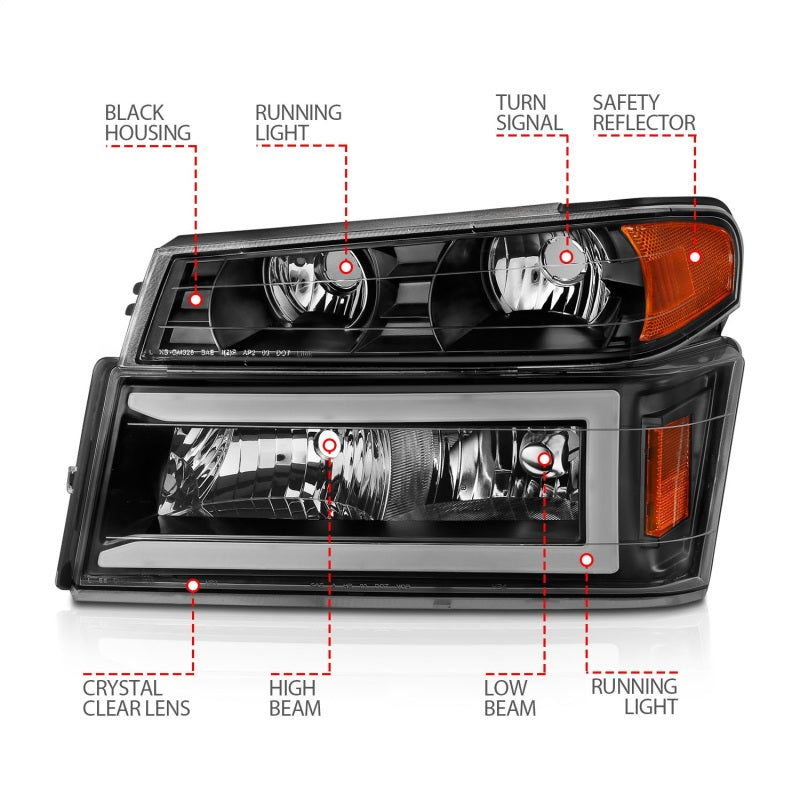 ANZO 04-12 GM Colorado/Canyon/I-Series Crystal Headlights - w/ Light Bar Black Housing 4pcs - GTR Auto