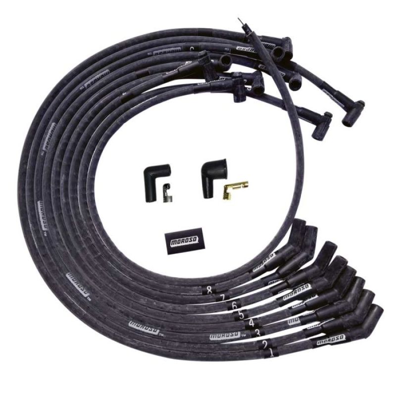 Moroso BBC Under Header Sleeved 135 Plug End HEI Ultra Spark Plug Wire Set - Black - GTR Auto