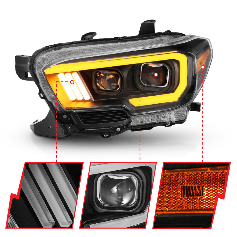 ANZO 2016-2017 Toyota Tacoma Projector Headlights w/ Plank Style Switchback Black w/ Amber w/ DRL - GTR Auto
