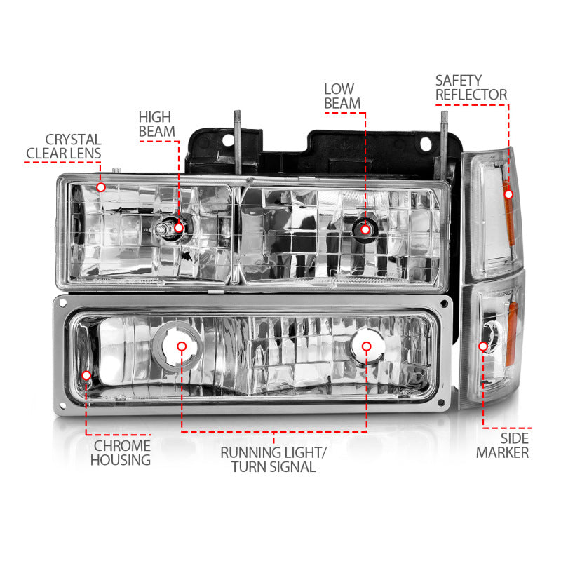 ANZO 88-98 Chevrolet C1500 Crystal Headlights Chrome w/ Signal and Side Marker Lights - GTR Auto