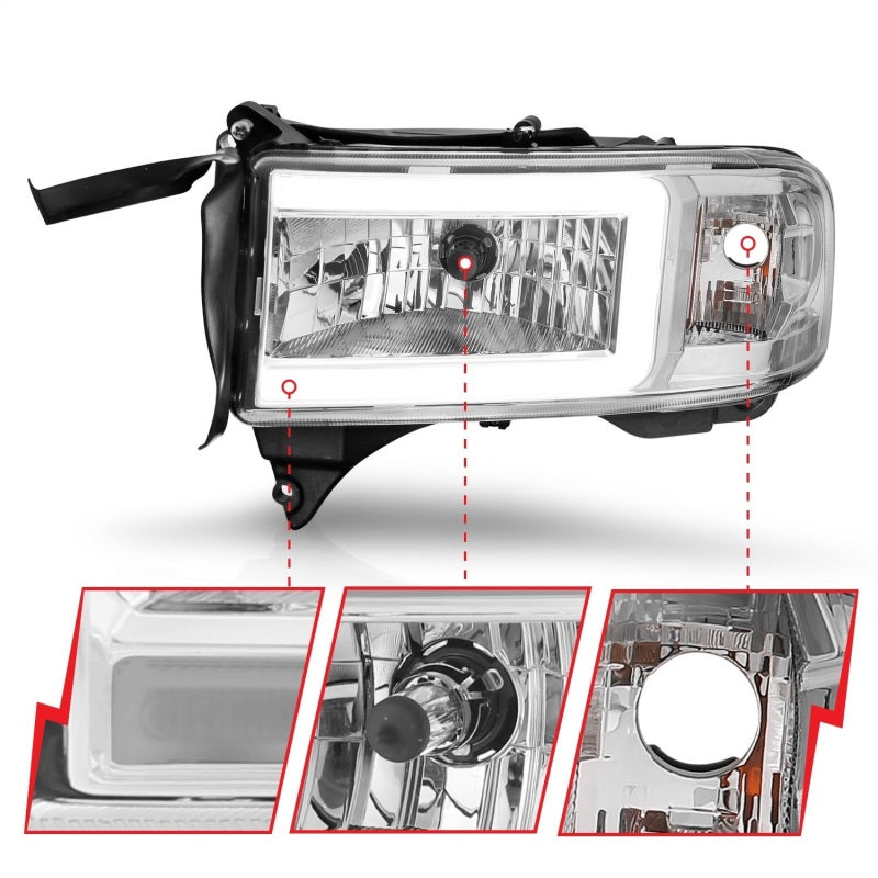 ANZO 94-02 Dodge RAM Crystal Headlight - w/ Light Bar Chrome Housing - GTR Auto