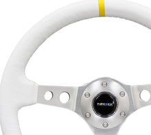 Load image into Gallery viewer, NRG Reinforced Steering Wheel (350mm / 3in. Deep) White Leather w/Silver Spoke &amp; Single Yellow Mark