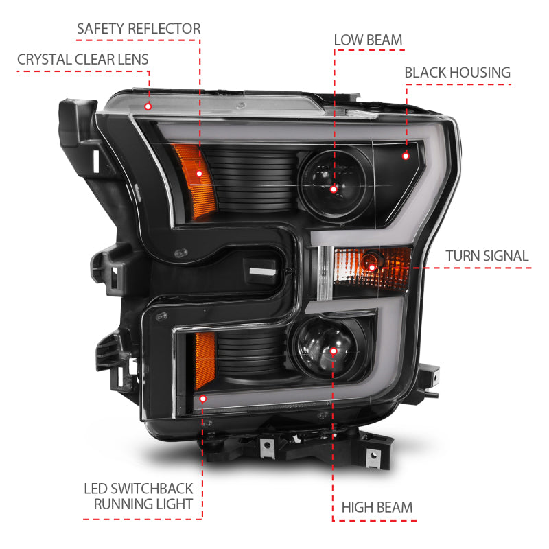 ANZO 2015-2017 Ford F-150 Projector Headlights w/ Plank Style Switchback Black w/ Amber - GTR Auto