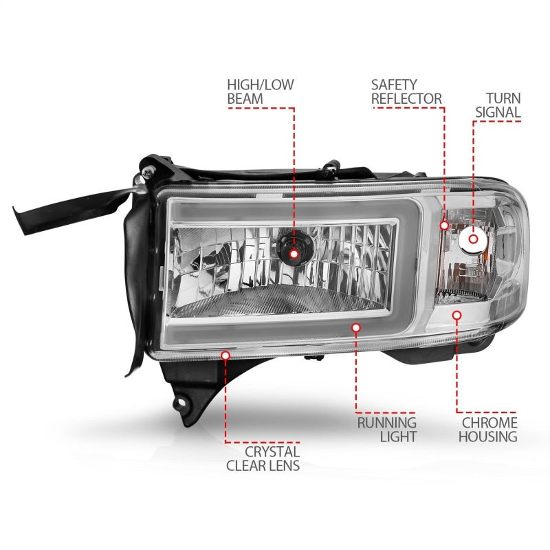 ANZO 94-02 Dodge RAM Crystal Headlight - w/ Light Bar Chrome Housing - GTR Auto