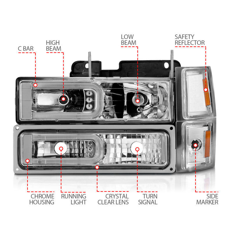 ANZO 88-98 Chevrolet C1500 Crystal Headlights w/Light Bar Chrome Housing w/ Signal Side Markers 8Pcs - GTR Auto