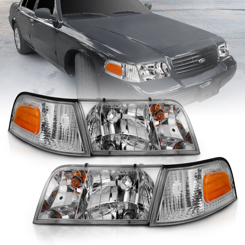 ANZO 1998-2005 Ford Crown Victoria Crystal Headlight Chrome With Bumper Light (OE) - GTR Auto