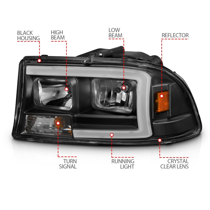 ANZO 97-04 Dodge Dakota/Durango Crystal headlight Set w/ Light Bar Black Housing - GTR Auto