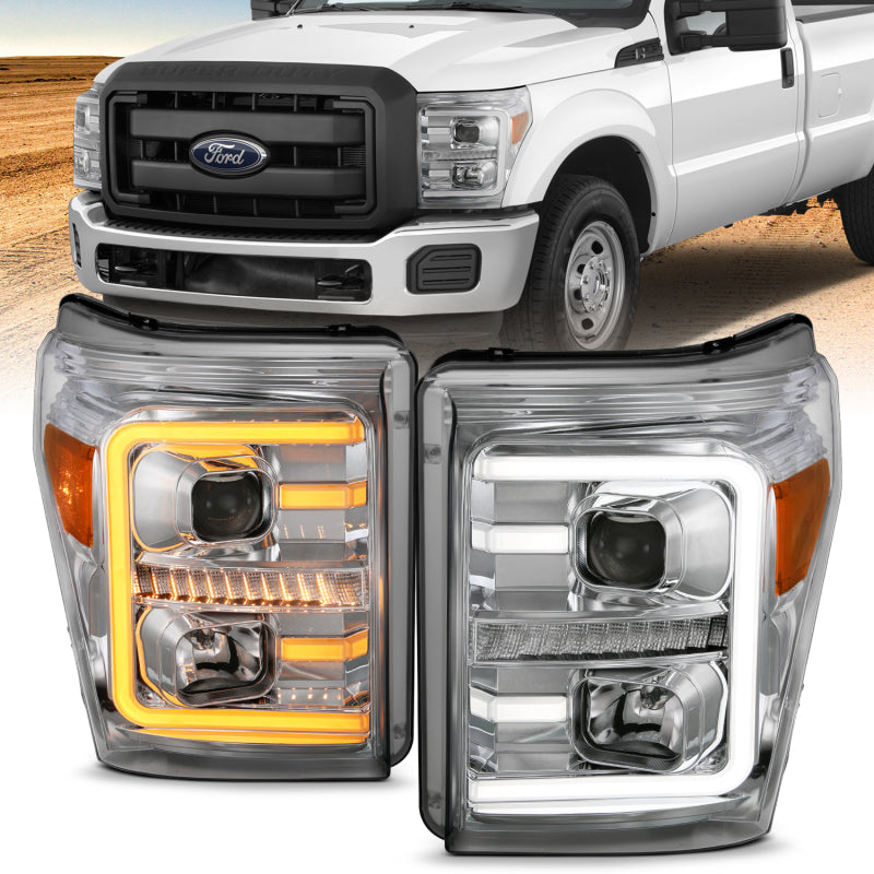 ANZO 11-16 Ford F-250/F-350/F-450 Projector Headlights w/ Plank Style Switchback Chrome w/Amber - GTR Auto