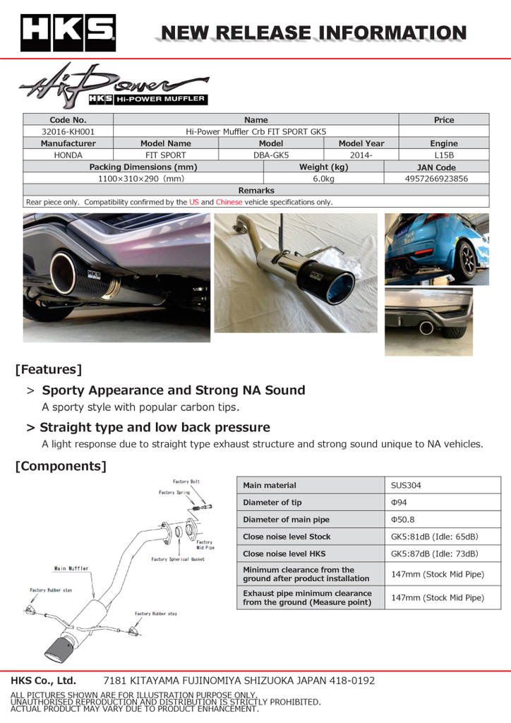 HKS Hi-Power Muffler 2014+ Honda Fit Sport GK5 w/ Carbon Tips - GTR Auto