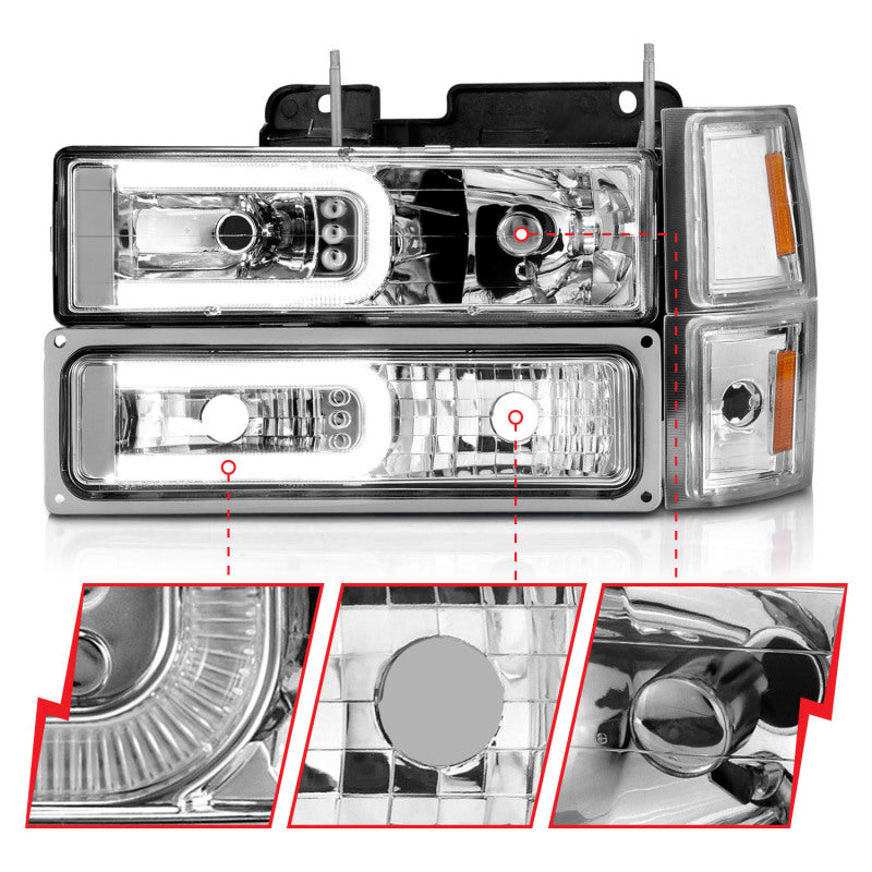 ANZO 88-98 Chevrolet C1500 Crystal Headlights w/Light Bar Chrome Housing w/ Signal Side Markers 8Pcs - GTR Auto