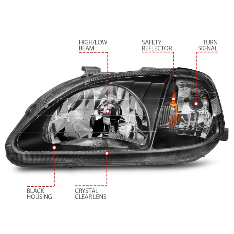ANZO 1999-2000 Honda Civic Crystal Headlights Black - GTR Auto