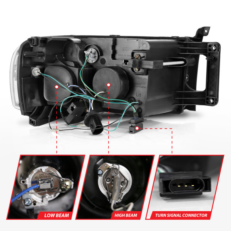 ANZO 2002-2005 Dodge Ram 1500 Projector Headlights w/ Halo Black Clear Amber - GTR Auto