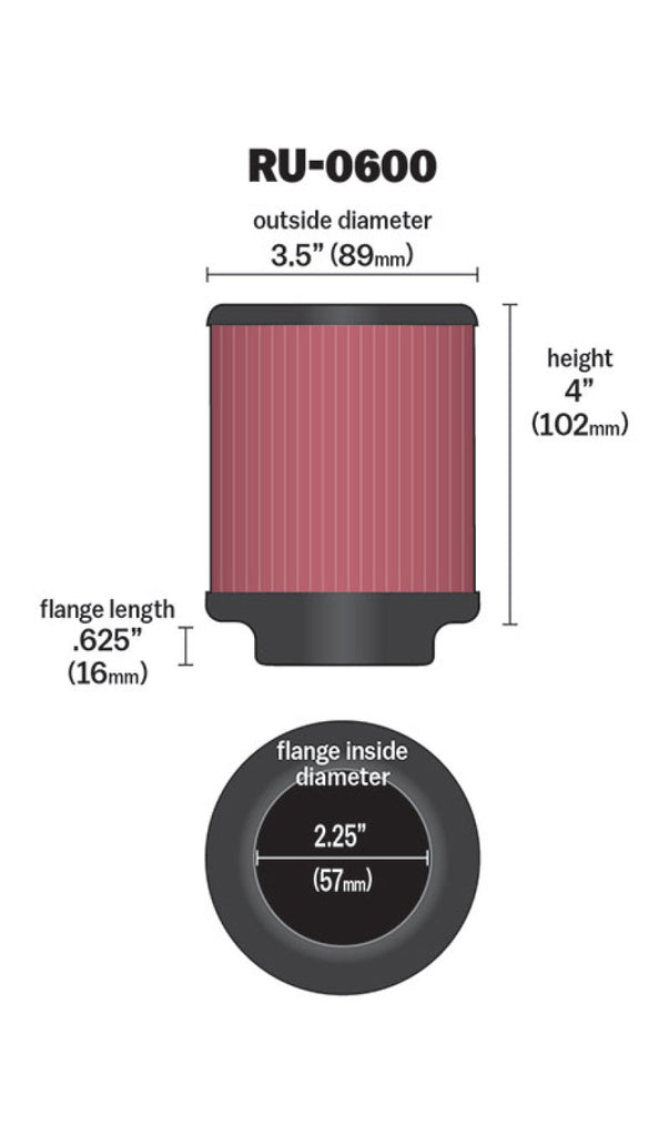 K&N Filter Universal Rubber Filter 2 1/4 inch Flange 3 1/2 inch OD 4 inch Height RU-0600