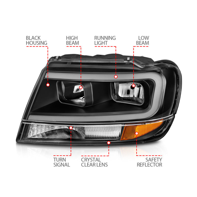 ANZO 99-04 Jeep Grand Cherokee Crystal Headlights - w/ Light Bar Black Housing - GTR Auto