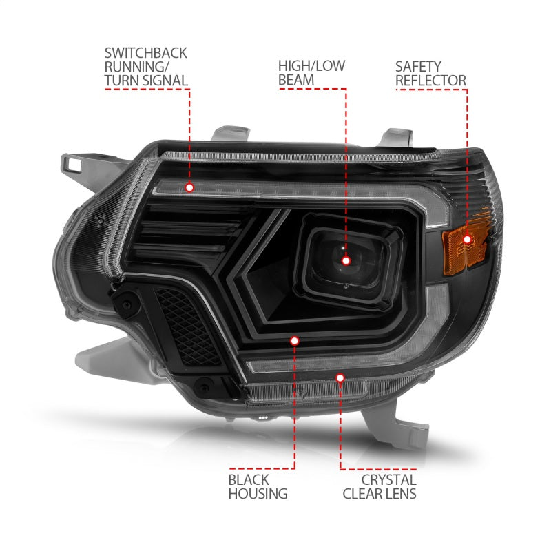 ANZO 12-15 Toyota Tacoma Projector Headlights - w/ Light Bar Switchback Black Housing - GTR Auto