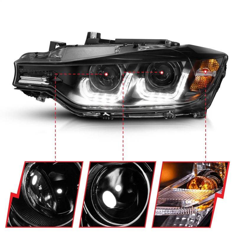 ANZO 2012-2015 BMW 3 Series Projector Headlights w/ U-Bar Black - GTR Auto