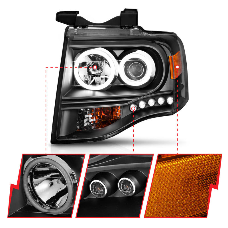 ANZO 2007-2014 Ford Expedition Projector Headlights w/ Halo Black - GTR Auto