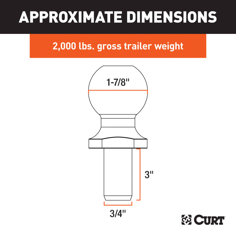 Curt 1-7/8in Trailer Ball (3/4in x 3in Shank 2000lbs Chrome Packaged)