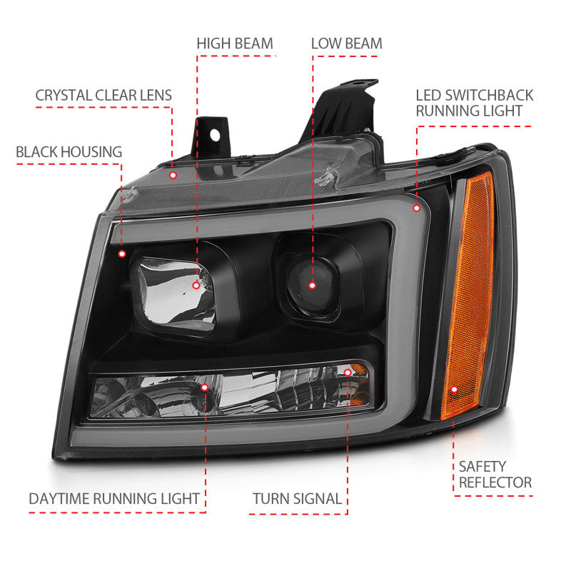 ANZO 07-14 Chevy Tahoe Projector Headlights w/ Plank Style Design Black w/ Amber - GTR Auto