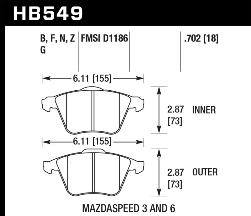 Hawk 07-08 Mazdaspeed3/06-07 Mazdaspeed6 HPS Street Front Brake Pads KHB549F.702