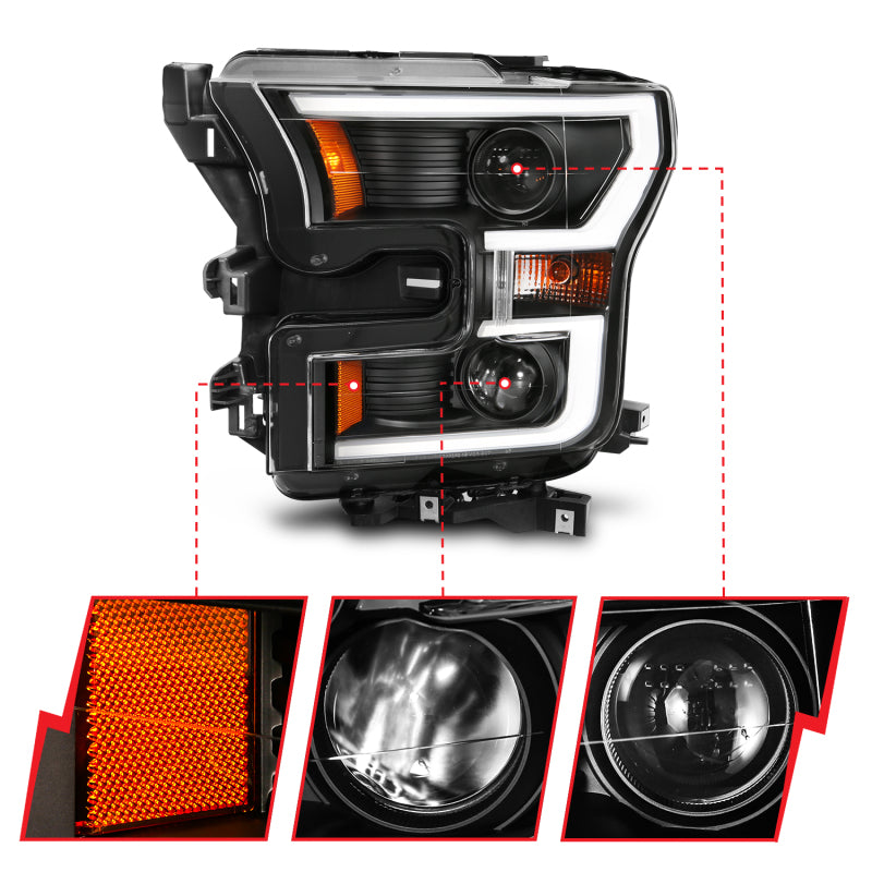ANZO 2015-2017 Ford F-150 Projector Headlights w/ Plank Style Switchback Black w/ Amber - GTR Auto