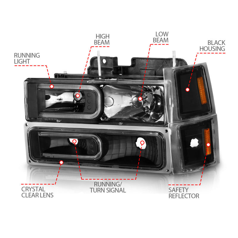 ANZO 88-98 Chevrolet C1500 Crystal Headlights w/ Light Bar Black Housing w/ Signal Side Markers 8Pcs - GTR Auto
