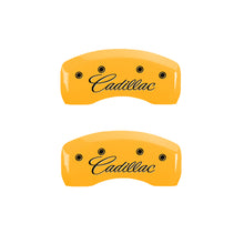 Load image into Gallery viewer, MGP 4 Caliper Covers Engraved F &amp; R Cursive/Cadillac Yellow Finish Black Char 2004 Cadillac CTS 35010SCADYL
