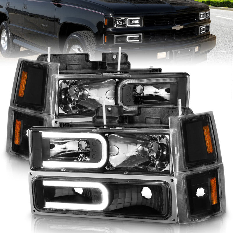 ANZO 88-98 Chevrolet C1500 Crystal Headlights w/ Light Bar Black Housing w/ Signal Side Markers 8Pcs - GTR Auto