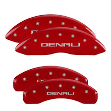 Load image into Gallery viewer, MGP 4 Caliper Covers Engraved Front &amp; Rear GM Style/Hybrid Red finish silver ch 34004SHYBRD