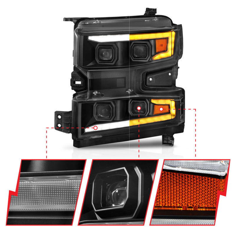 ANZO 19-22 Chevrolet Silverado 1500 LED Proj HL w/Lgt Bar SwBk Seq. Blk w/In. Light - Driver Side ON - GTR Auto