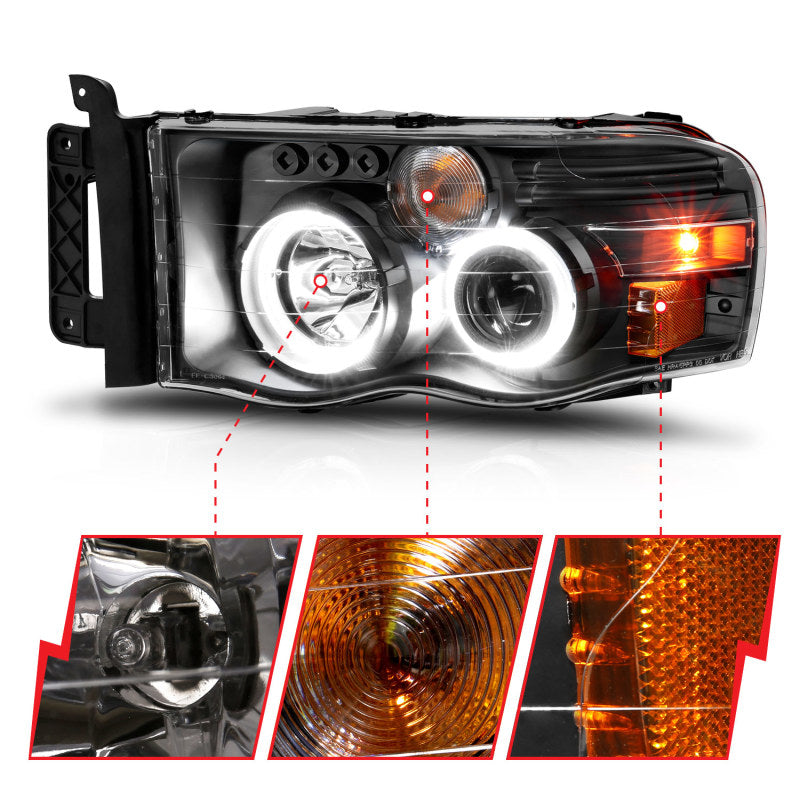 ANZO 2002-2005 Dodge Ram 1500 Projector Headlights w/ Halo Black Clear Amber - GTR Auto