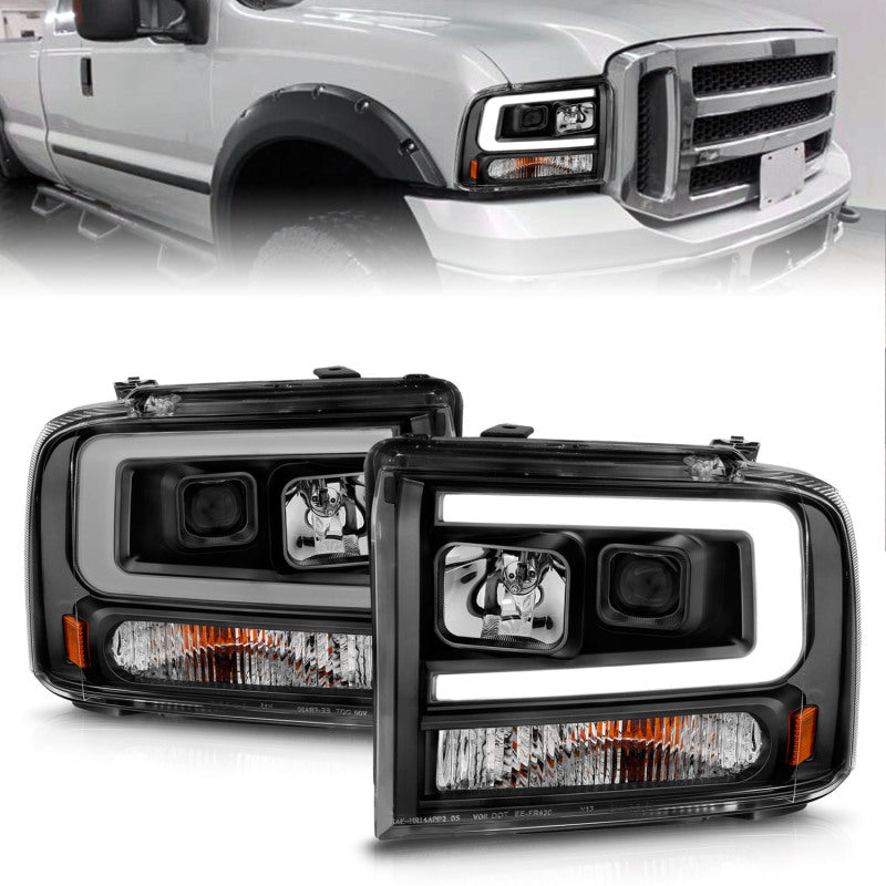 ANZO 99-04 Ford F250/F350/F450/Excursion (excl 99) Projector Headlights - w/ Light Bar Black Housing - GTR Auto