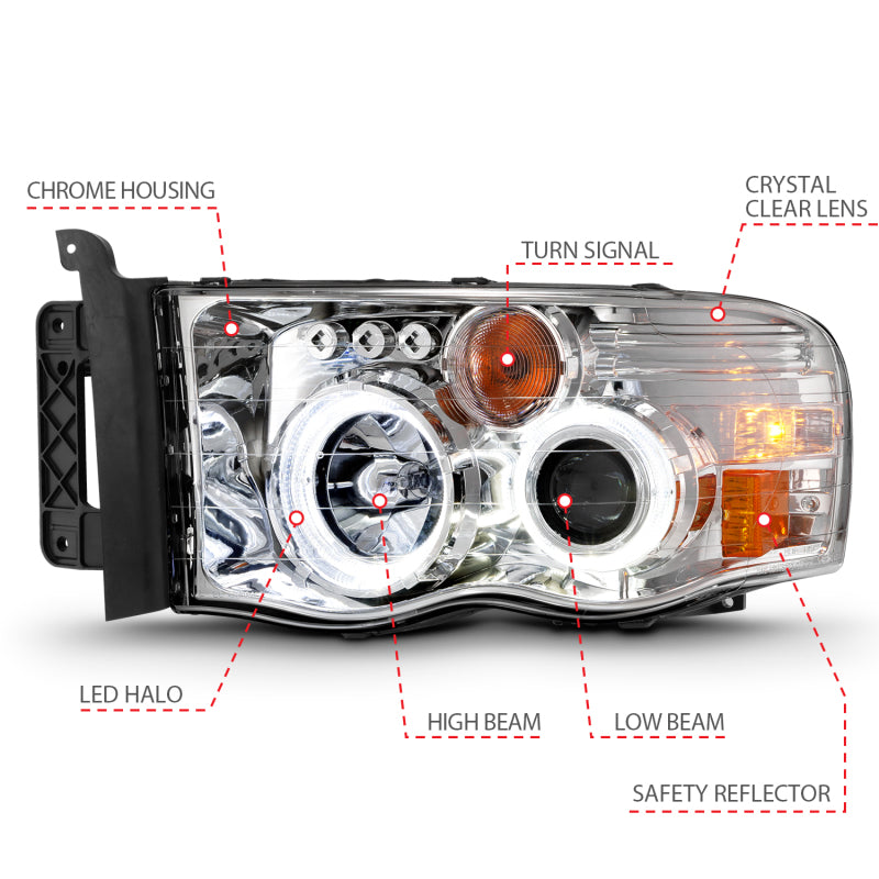 ANZO 2002-2005 Dodge Ram 1500 Projector Headlights w/ Halo Chrome Clear Amber - GTR Auto