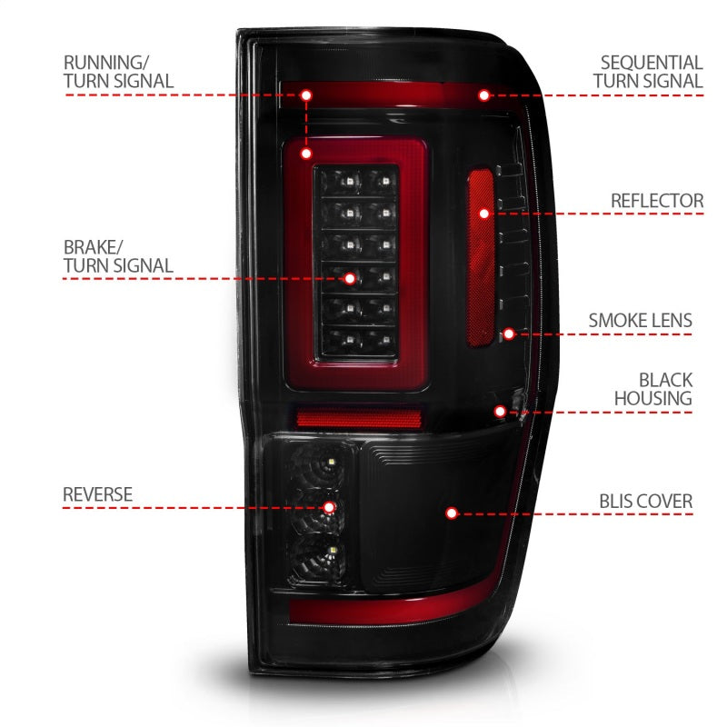 ANZO 19-22 Ford Ranger Full LED Taillights w/ Lightbar Sequential Signal Black Housing/Smoke Lens - GTR Auto