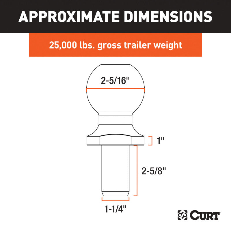 Curt 2-5/16in Trailer Ball (1-1/4in x 2-5/8in Shank 25000lbs Raw Steel)