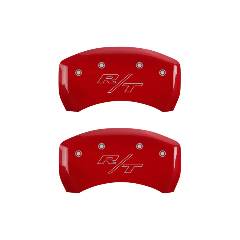 MGP 4 Caliper Covers Engraved Front Cursive/Challenger Engraved Rear RT Red finish silver ch - GTR Auto