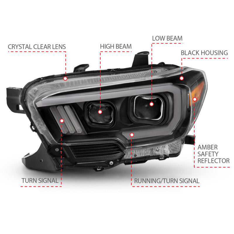 ANZO 2016-2017 Toyota Tacoma Projector Headlights w/ Plank Style Switchback Black w/ Amber w/ DRL - GTR Auto