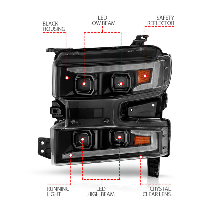 ANZO 19-22 Chevrolet Silverado 1500 LED Proj HL w/Lgt Bar SwBk Seq. Blk w/In. Light - Passenger Side - GTR Auto