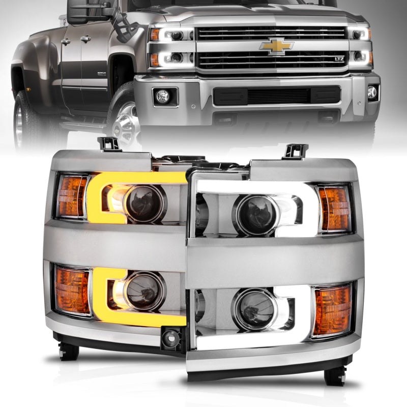 ANZO Projector Headlights 15-17 Chevrolet Silverado 2500HD / 3500HD Chrome w/ Chrome Rim - GTR Auto
