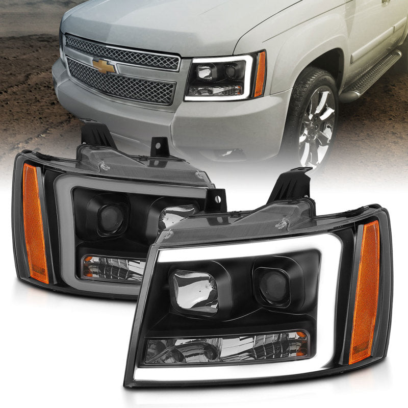 ANZO 07-14 Chevy Tahoe Projector Headlights w/ Plank Style Design Black w/ Amber - GTR Auto