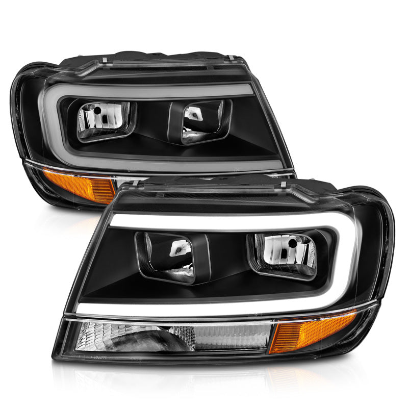 ANZO 99-04 Jeep Grand Cherokee Crystal Headlights - w/ Light Bar Black Housing - GTR Auto