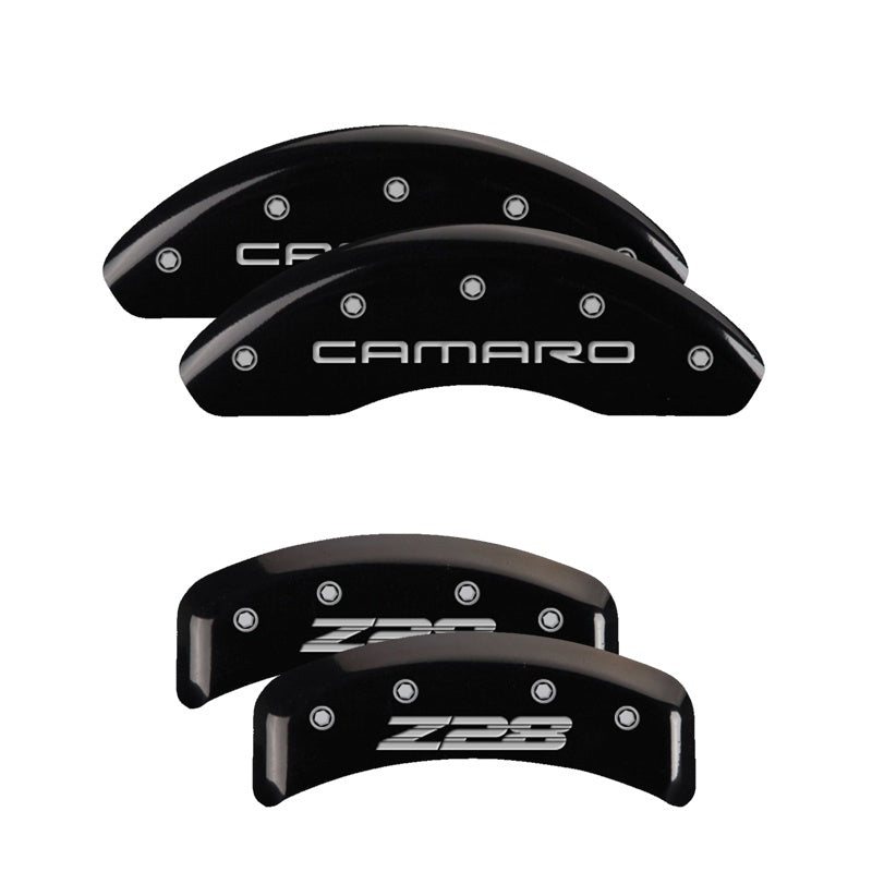 MGP 4 Caliper Covers Engraved Front Gen 4/Camaro Engraved Rear Gen 4/Z28 Black finish silver ch - GTR Auto