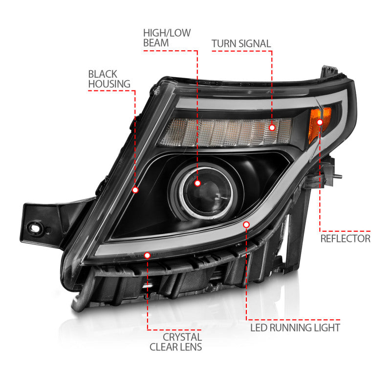 ANZO 11-15 Ford Explorer (w/Factory Halogen HL Only) Projector Headlights w/Light Bar Black Housing - GTR Auto