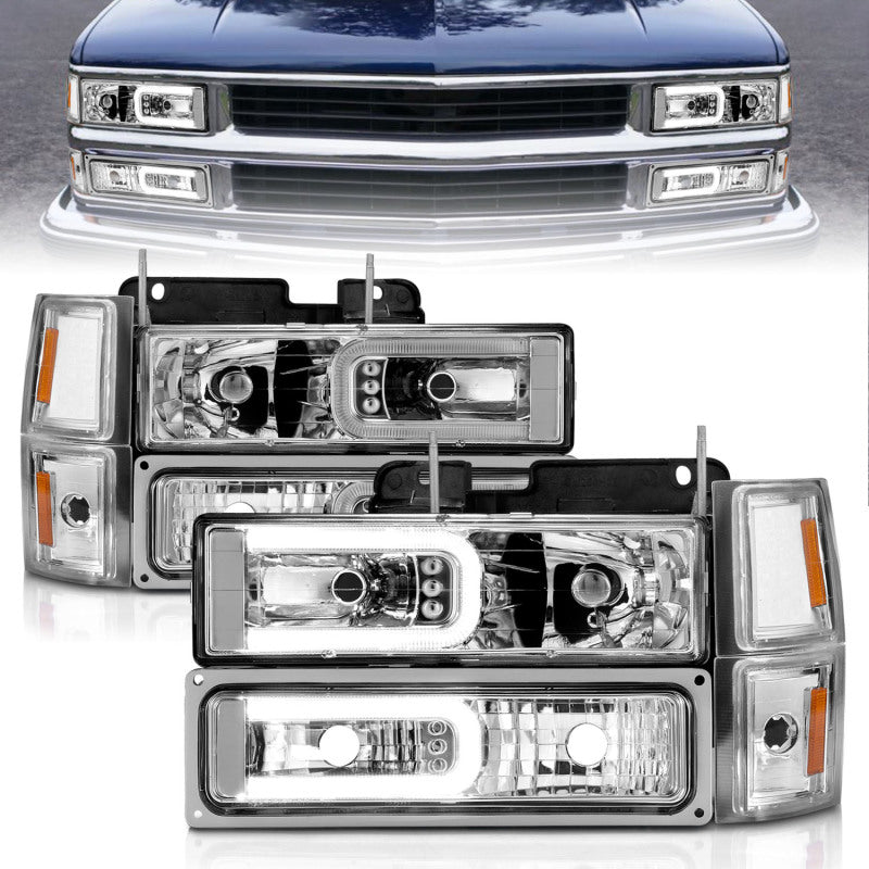 ANZO 88-98 Chevrolet C1500 Crystal Headlights w/Light Bar Chrome Housing w/ Signal Side Markers 8Pcs - GTR Auto