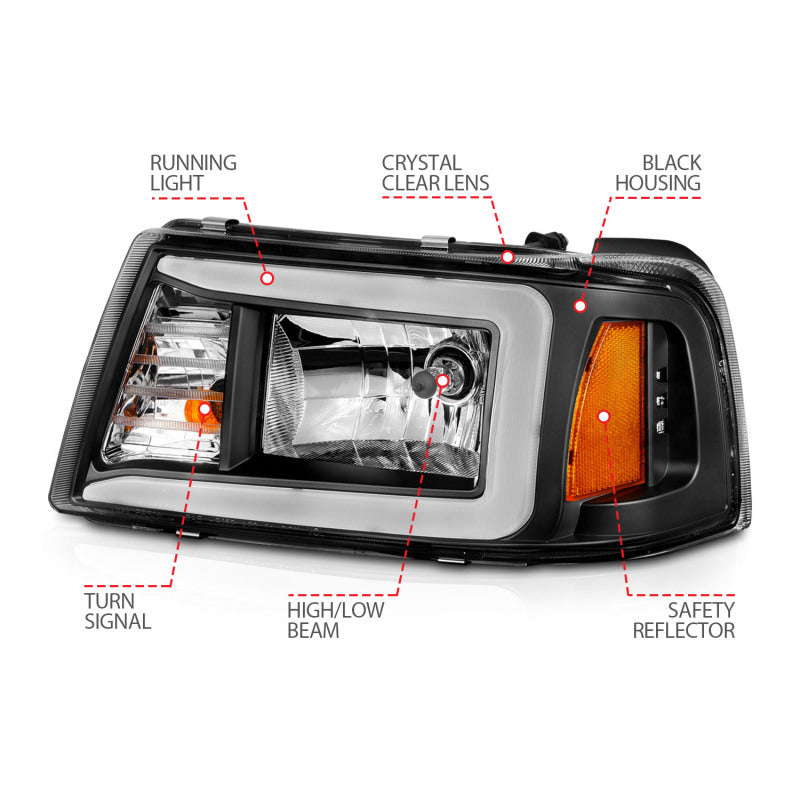 ANZO 2001-2011 Ford Ranger Crystal Headlights w/ Light Bar Black Housing - GTR Auto