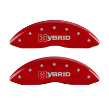 Load image into Gallery viewer, MGP 4 Caliper Covers Engraved Front &amp; Rear GM Style/Hybrid Red finish silver ch 34004SHYBRD
