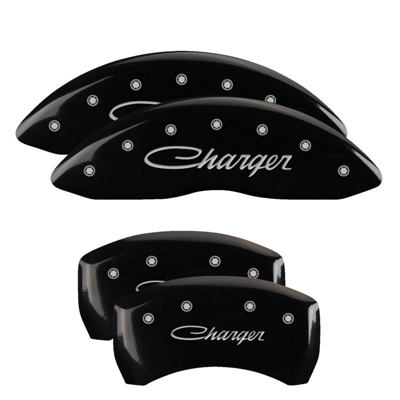 MGP 4 Caliper Covers Engraved Front & Rear Cursive/Charger Black finish silver ch - GTR Auto