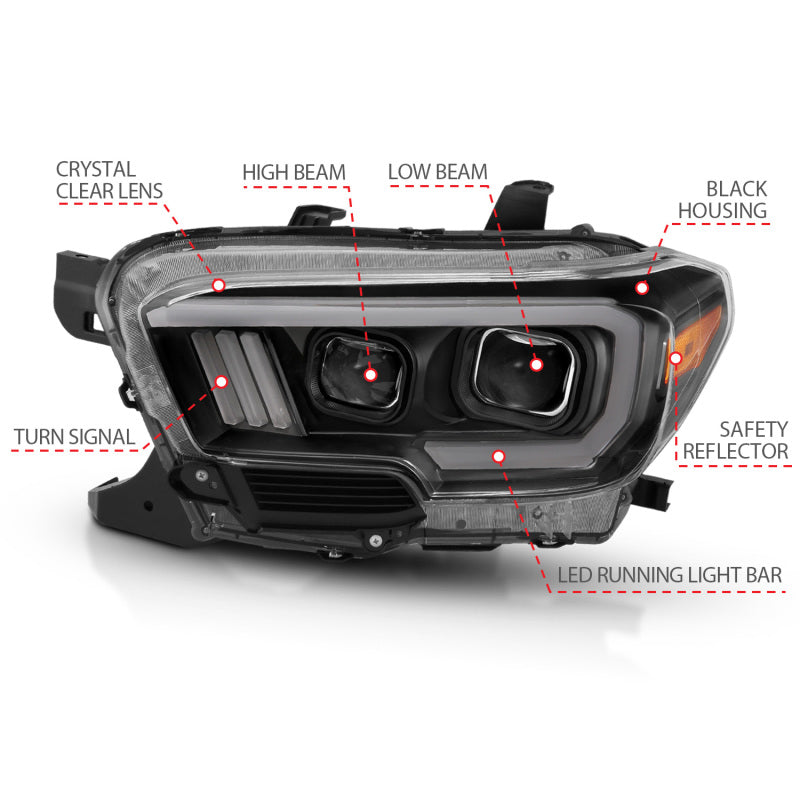 ANZO 2016-2017 Toyota Tacoma Projector Headlights w/ Plank Style Design Black/Amber w/ DRL - GTR Auto