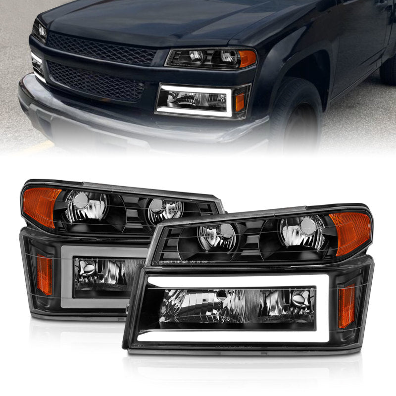 ANZO 04-12 GM Colorado/Canyon/I-Series Crystal Headlights - w/ Light Bar Black Housing 4pcs - GTR Auto